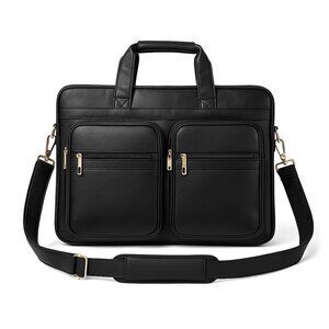 Black Faux Leather Briefcase Messenger Bag with Multiple Zipper Pockets